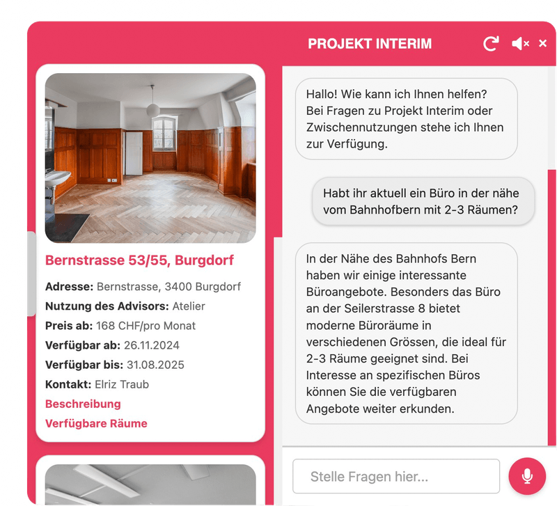 Interim Chatbot Interface für Schweizer Unternehmen