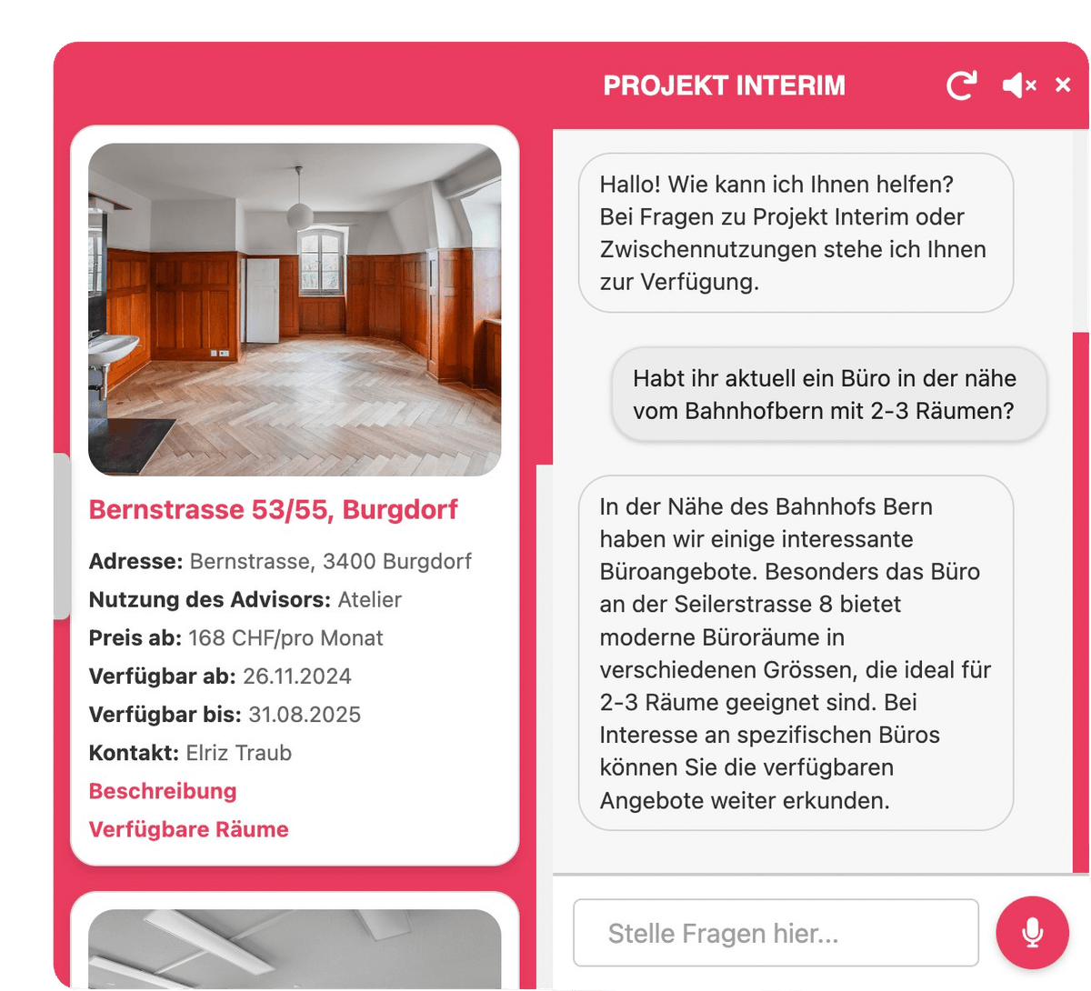 Interim Chatbot Interface für Schweizer Unternehmen